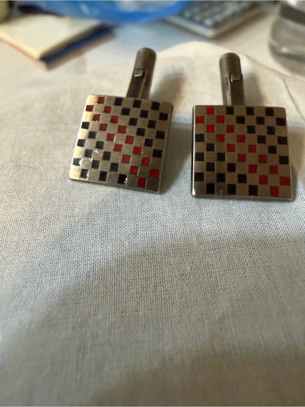 Men's Square Checkered Cufflinks in Silver with Black & Red Accents